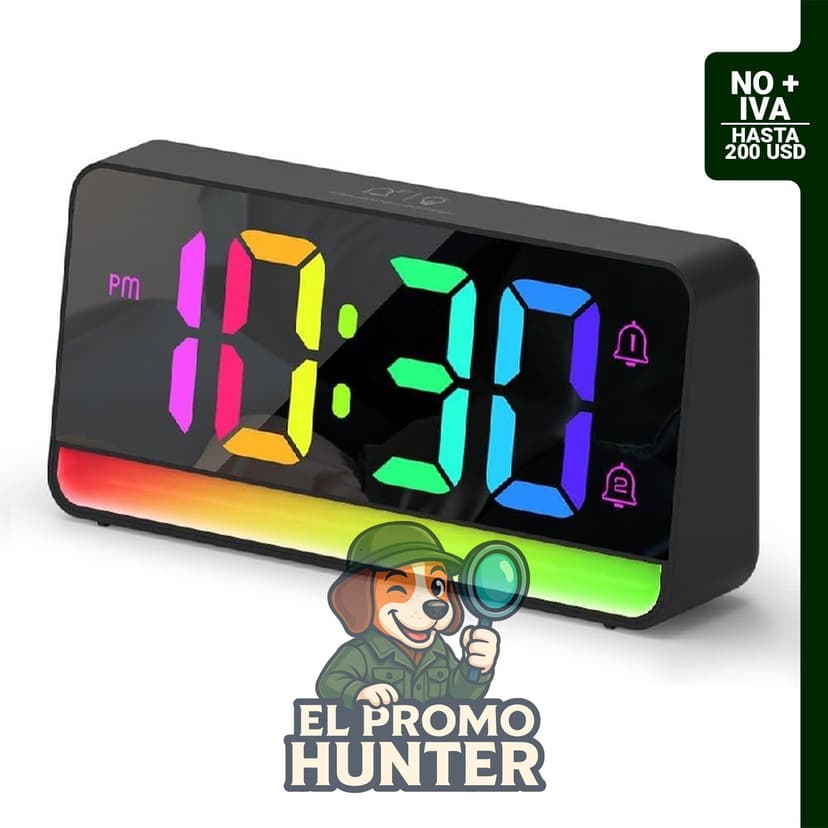 Reloj despertador digital ALANAS con luces RGB, alarma dual, volumen y brillo ajustables, puertos USB.