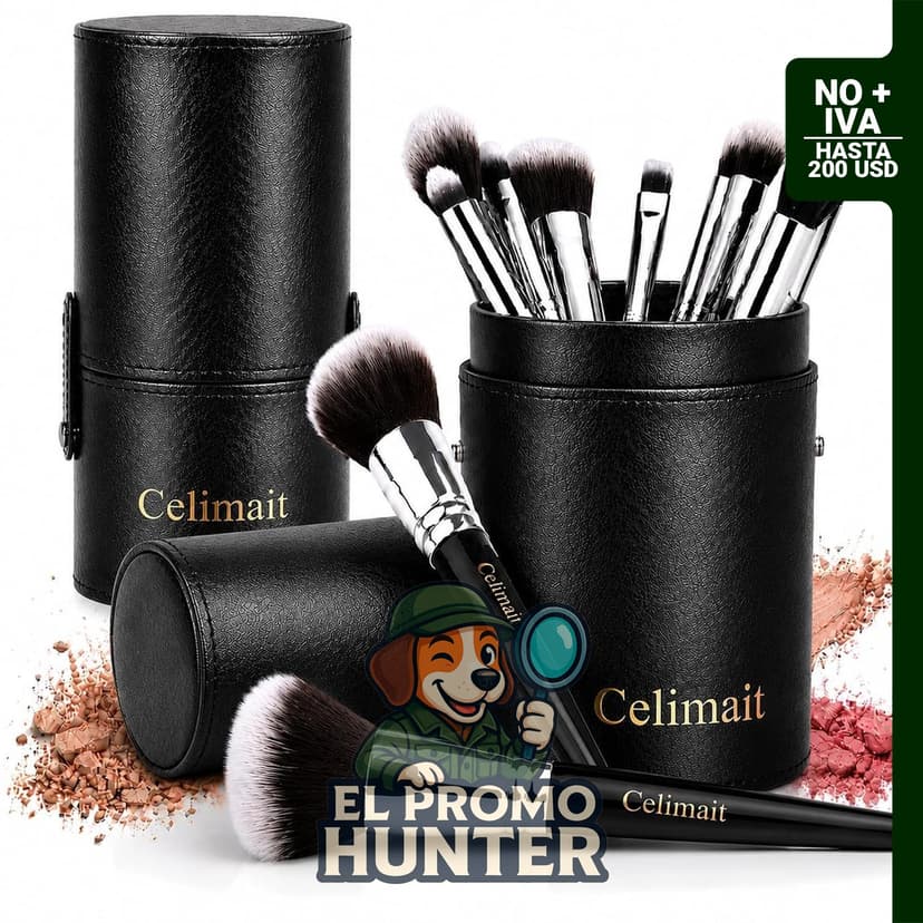 Juego de brochas de maquillaje con estuche de viaje, incluye pinceles para base, polvo, rubor y sombra de ojos.