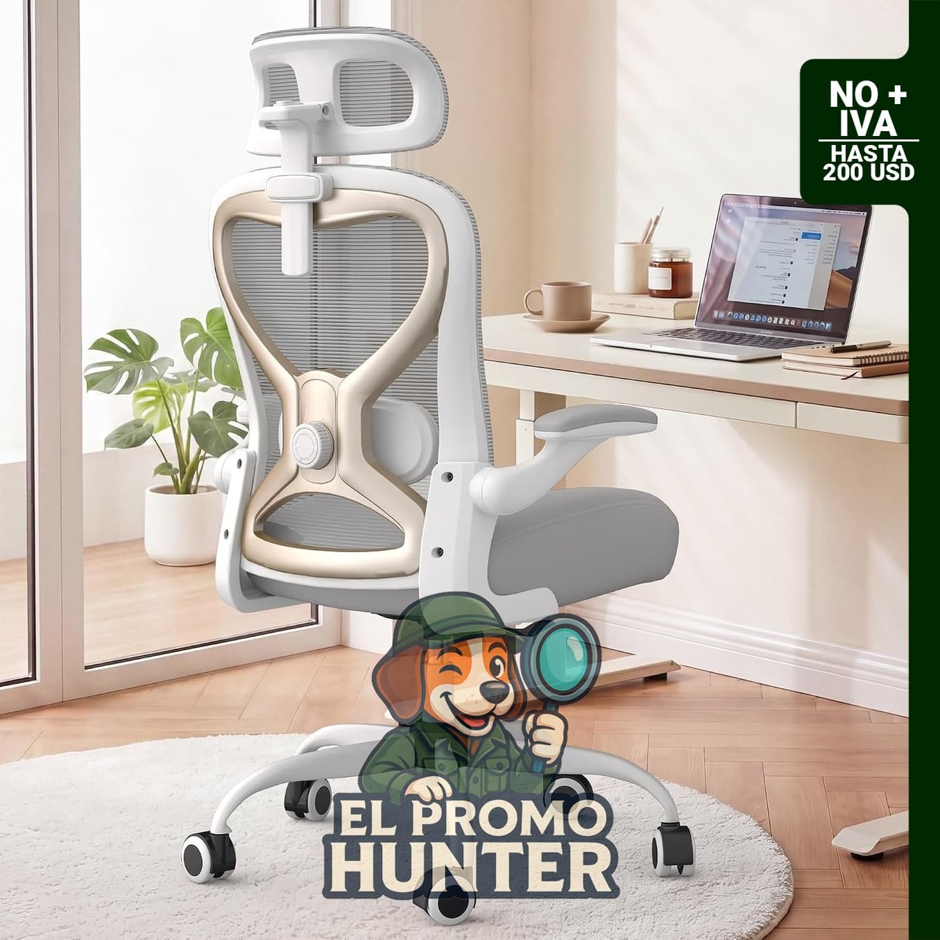 Silla de oficina ergonómica con soporte lumbar y reposacabezas 3D, reposabrazos abatibles.