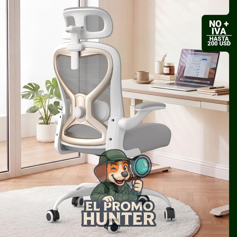 Silla de oficina ergonómica con soporte lumbar y reposacabezas 3D, reposabrazos abatibles.
