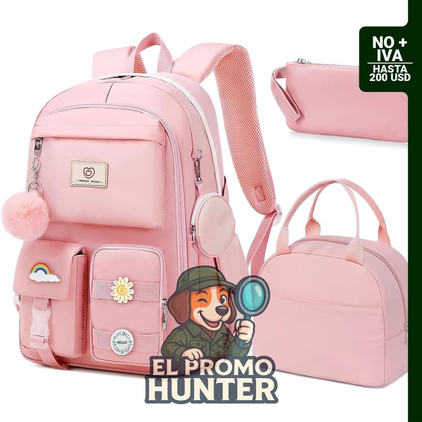 Mochila escolar de 18" (45.7 cm) para niñas, incluye lonchera y 6 piezas.