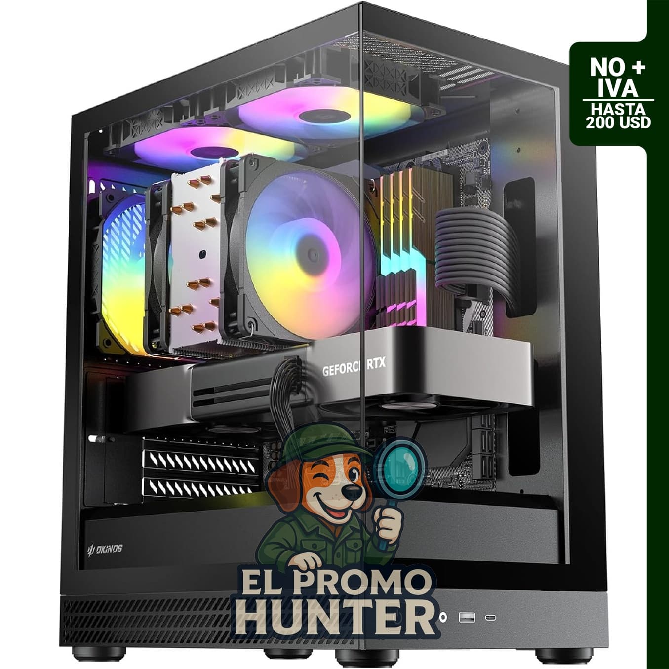 Funda Micro ATX Okinos Aqua UNO, vidrio templado panorámico, longitud máxima de GPU 30.9 cm, ventiladores ARGB.