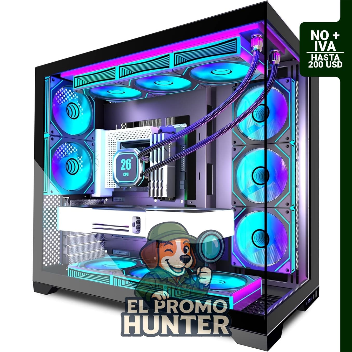 Funda de PC para juegos de media torre con 9 ventiladores PWM ARGB y panel de vidrio templado.