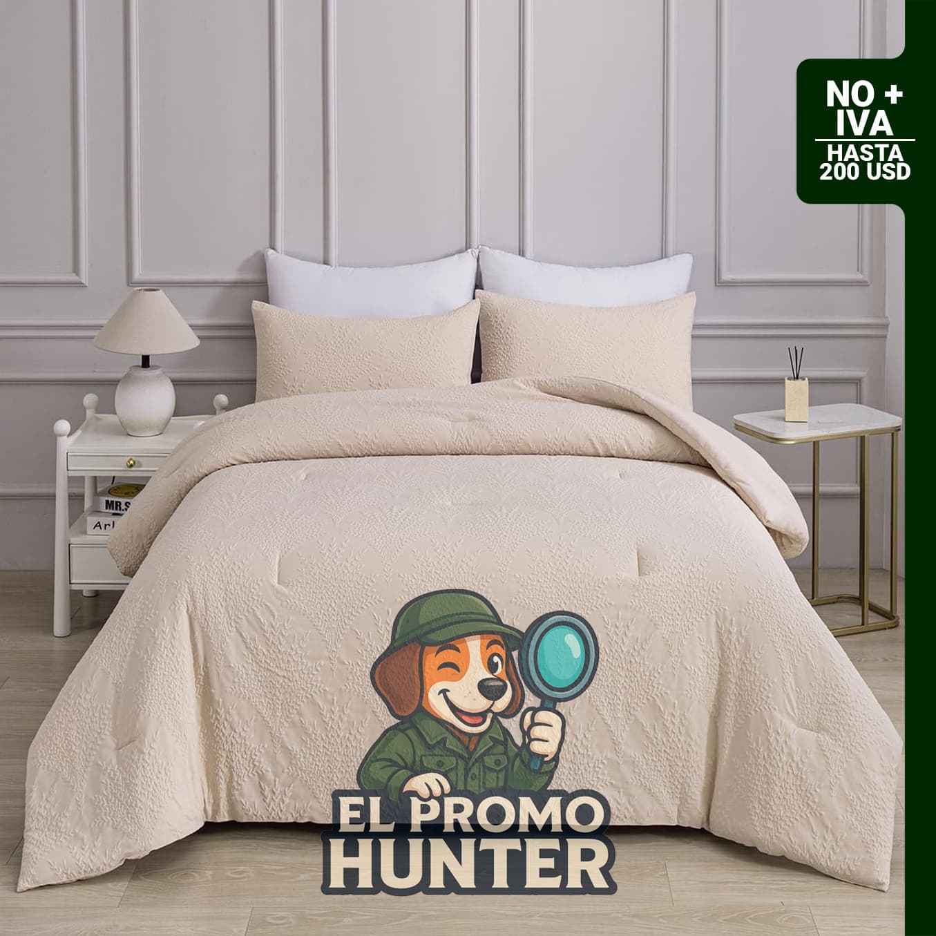 Juego de edredón jacquard tamaño Queen con diseño bohemio de hojas en color beige.