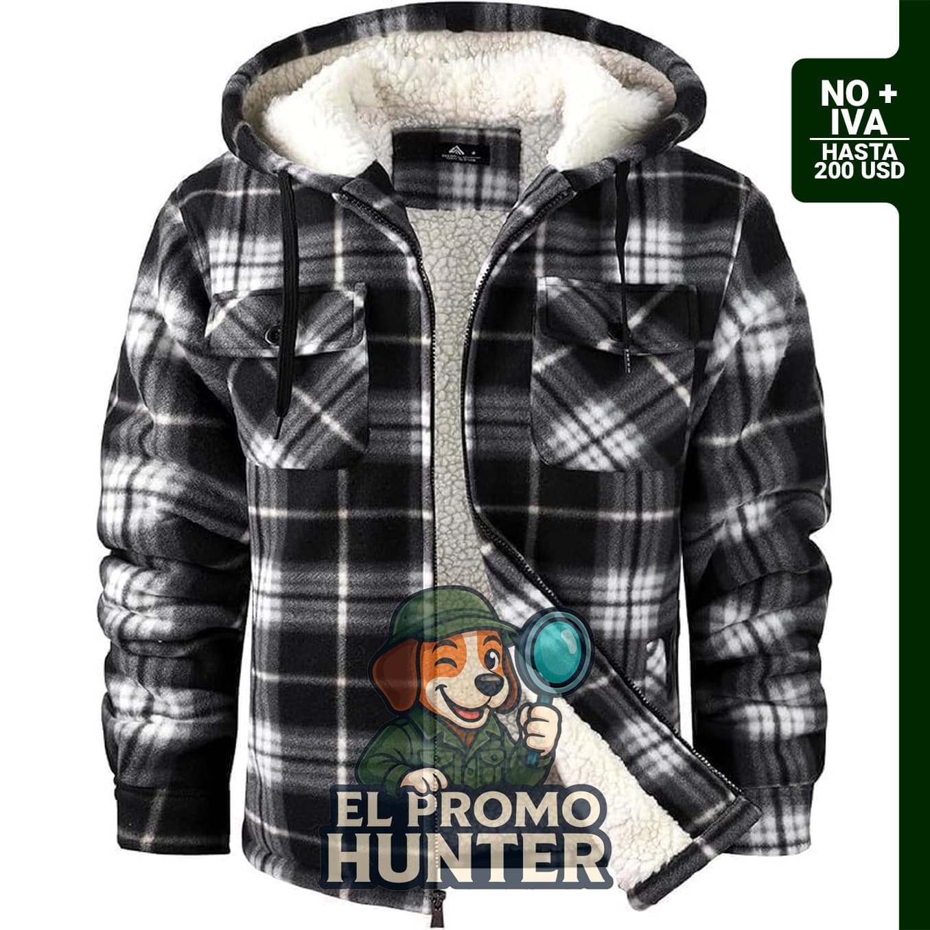 Chaqueta tipo camisa de franela de vellón para hombre con forro sherpa y capucha, diseño a cuadros.