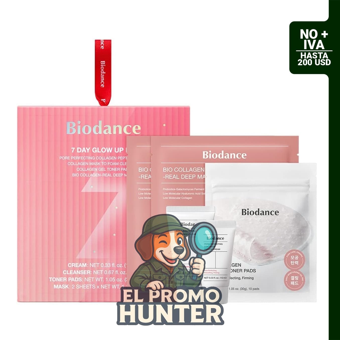 Kit de cuidado de la piel con colágeno, incluye limpiador, almohadillas de tóner, hidratante y máscaras de gel.