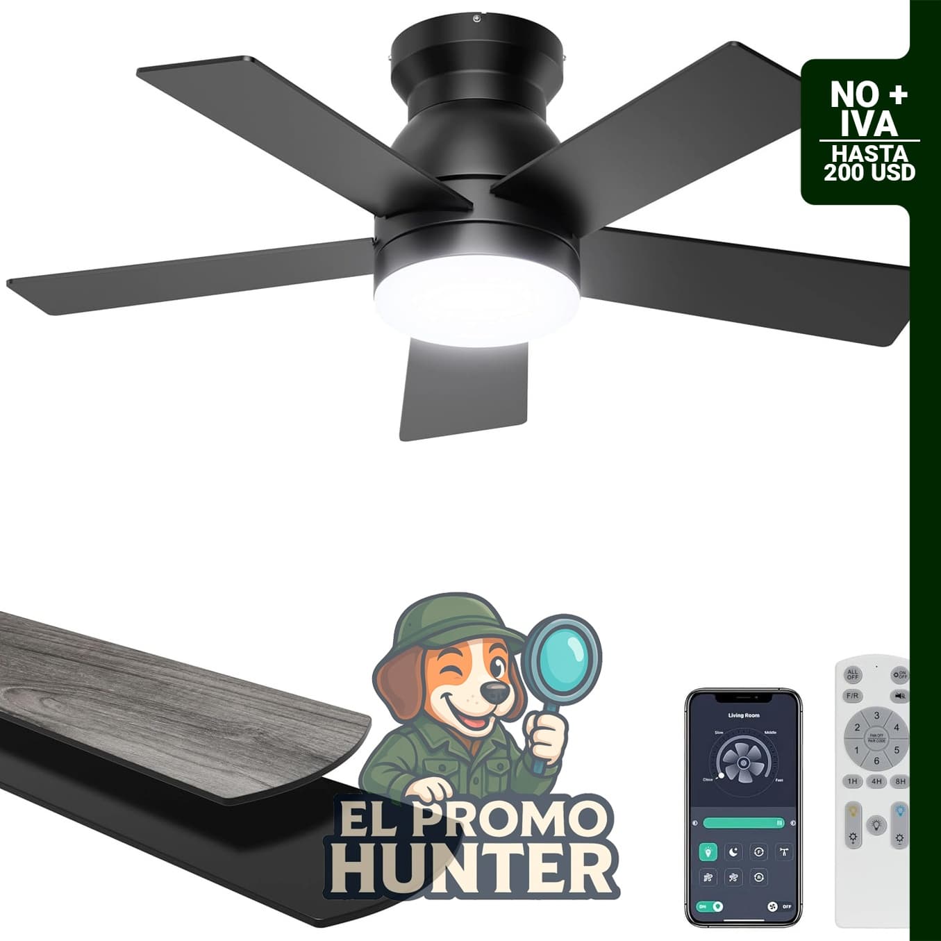 Ventilador de techo de 32" (81 cm) con luces, control remoto y aplicación, motor DC silencioso.