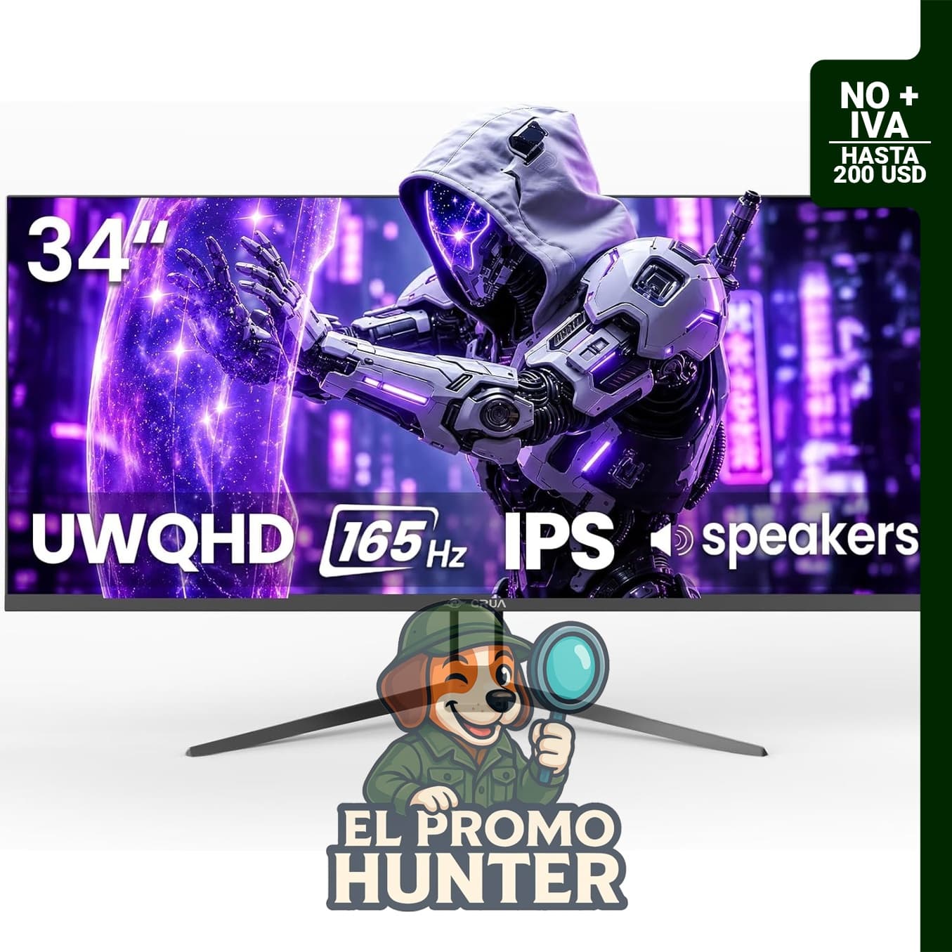 Monitor gaming ultrawide CRUA de 34" (86 cm) con resolución UWQHD (3440x1440), 165Hz, FreeSync y conectividad HDMI 2.0 y DP 1.4.
