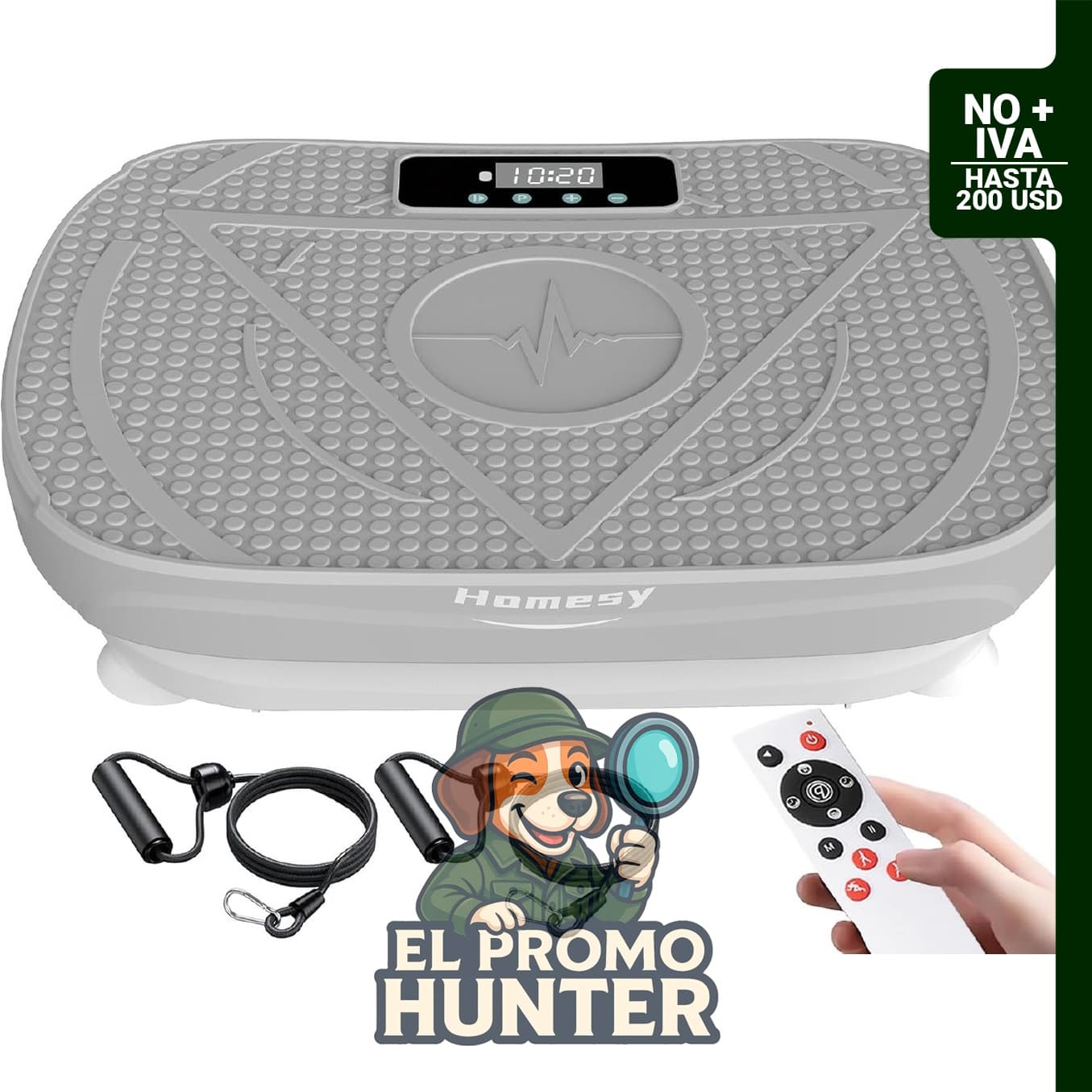 Máquina de ejercicio por vibración Homesy para drenaje linfático, incluye bandas de resistencia y control remoto.
