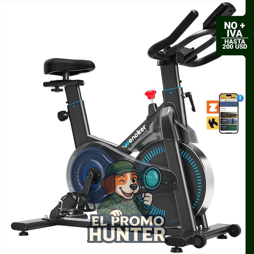 Bicicleta estática magnética Wenoker para uso en casa, con asiento y manillar ajustables, ruedas de transporte y cursos de fitness.