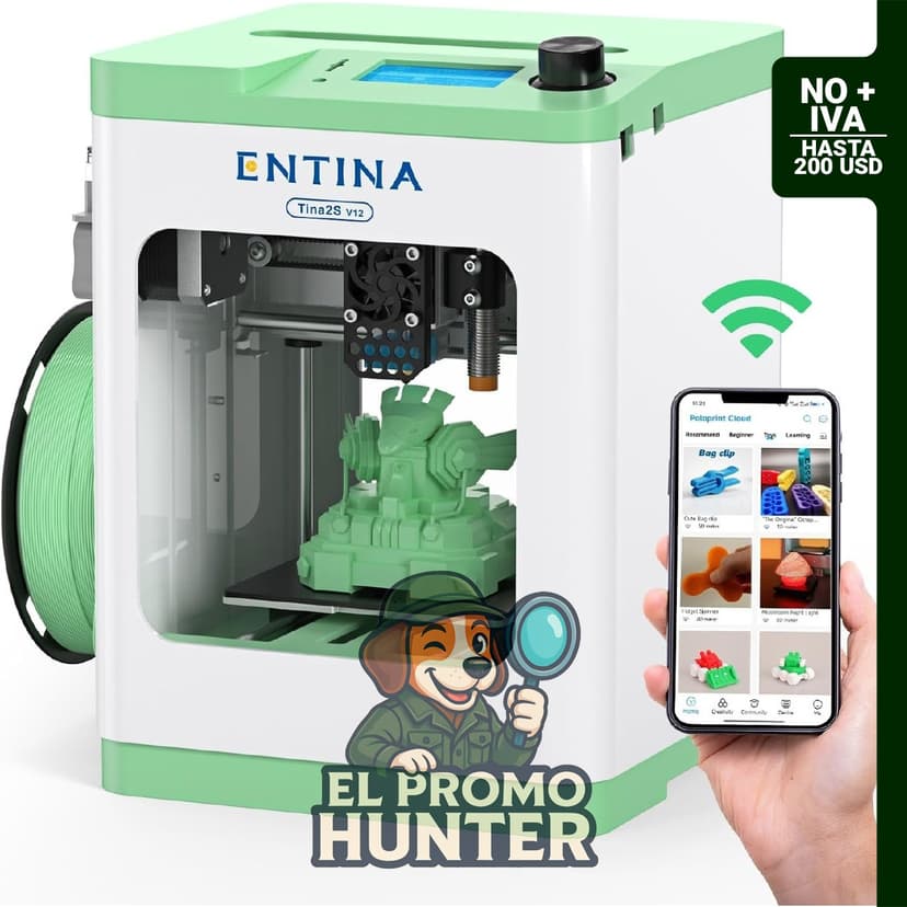 Impresora 3D Entina TINA2S con impresión WiFi en la nube, nivelación automática y biblioteca de modelos.