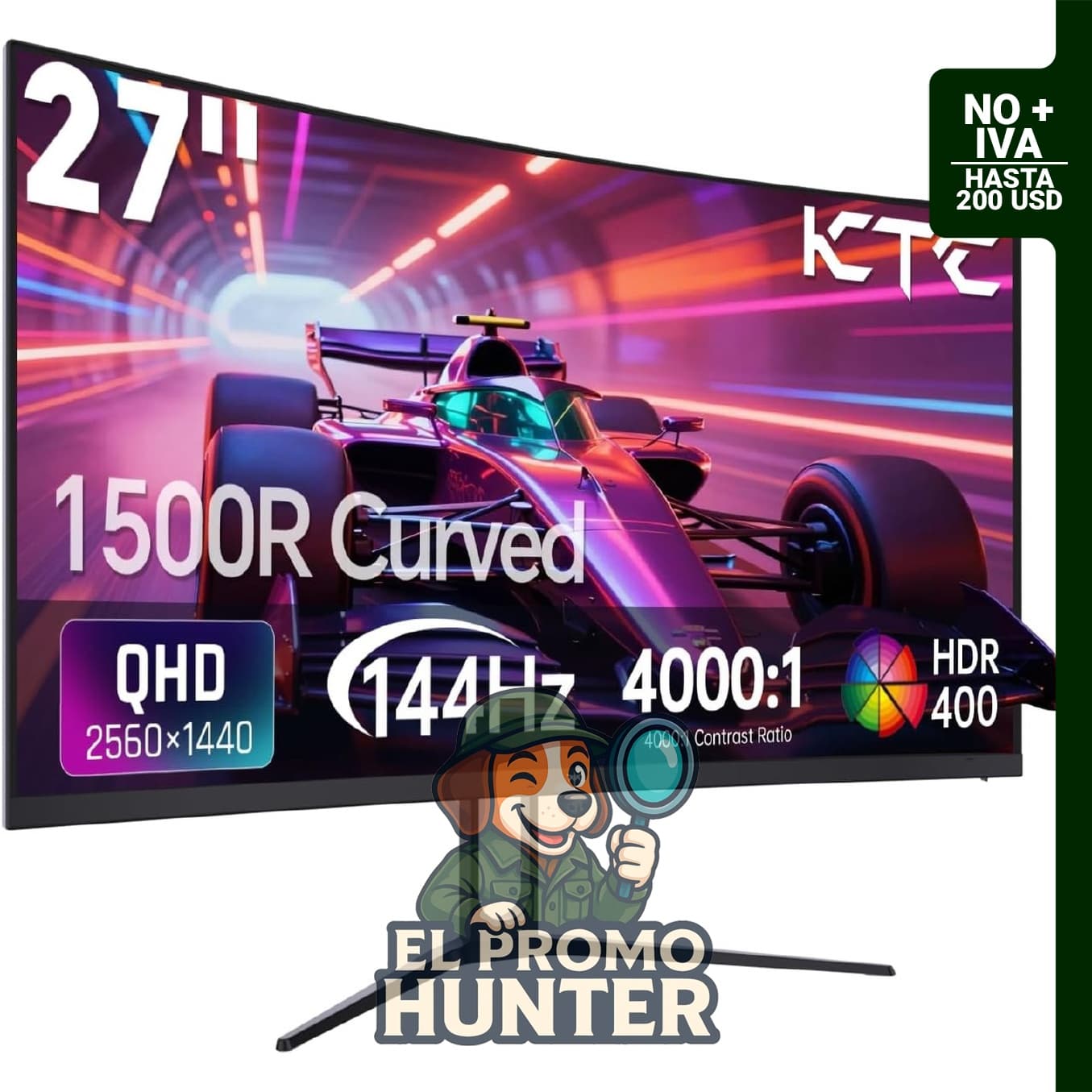 Monitor curvo KTC de 27" (68.58 cm) QHD 1440P, 144Hz, 1500R, con puertos HDMI y DP.