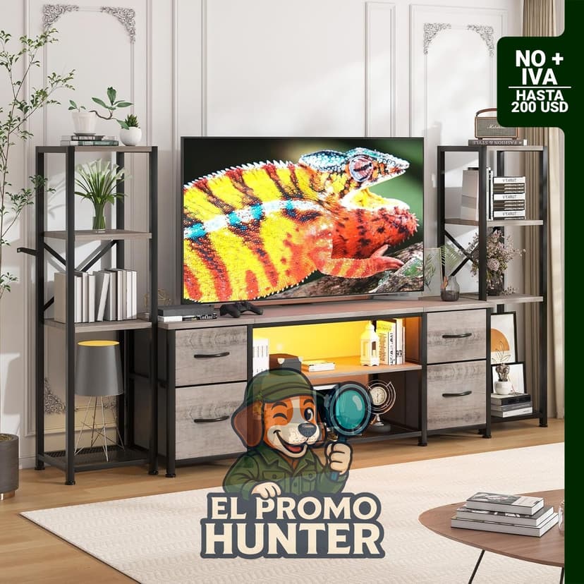 Soporte de TV LED de 60" (152 cm) con estación de carga y 2 estanterías industriales.