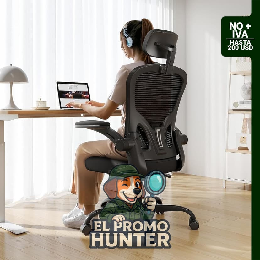 Silla de oficina ergonómica con respaldo alto, capacidad de 149.68 kg, color negro, con reposabrazos abatibles y ruedas.