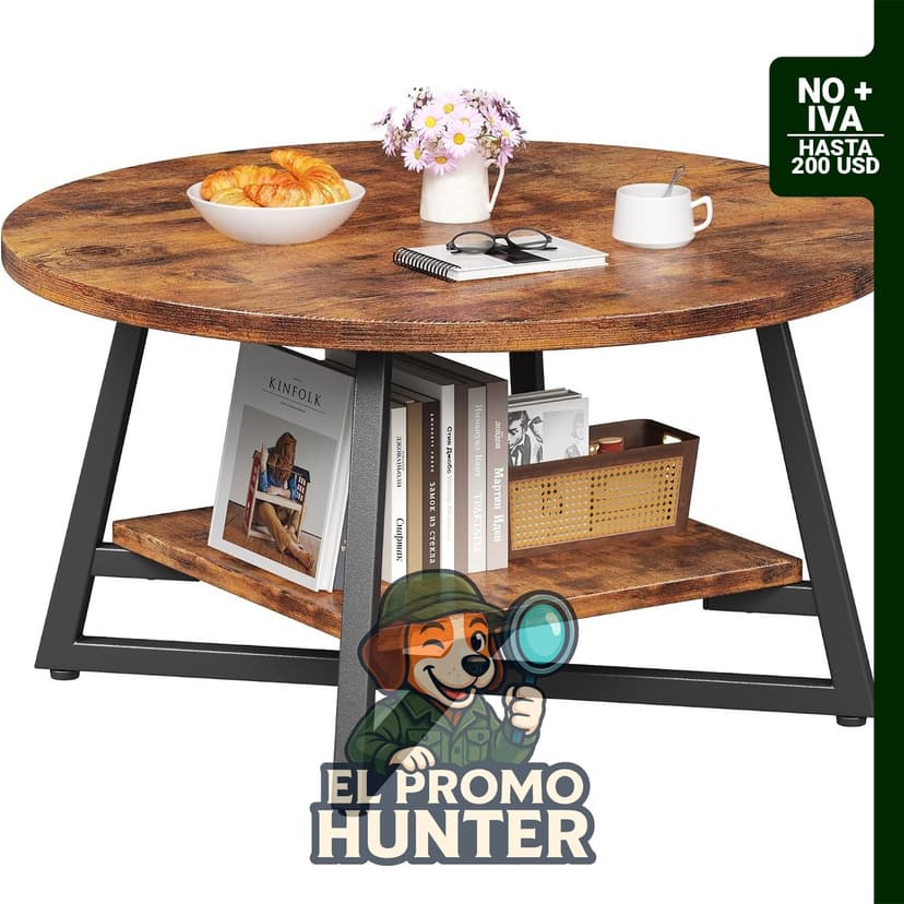 Mesa de café redonda de madera con almacenamiento, diseño moderno, fácil montaje.