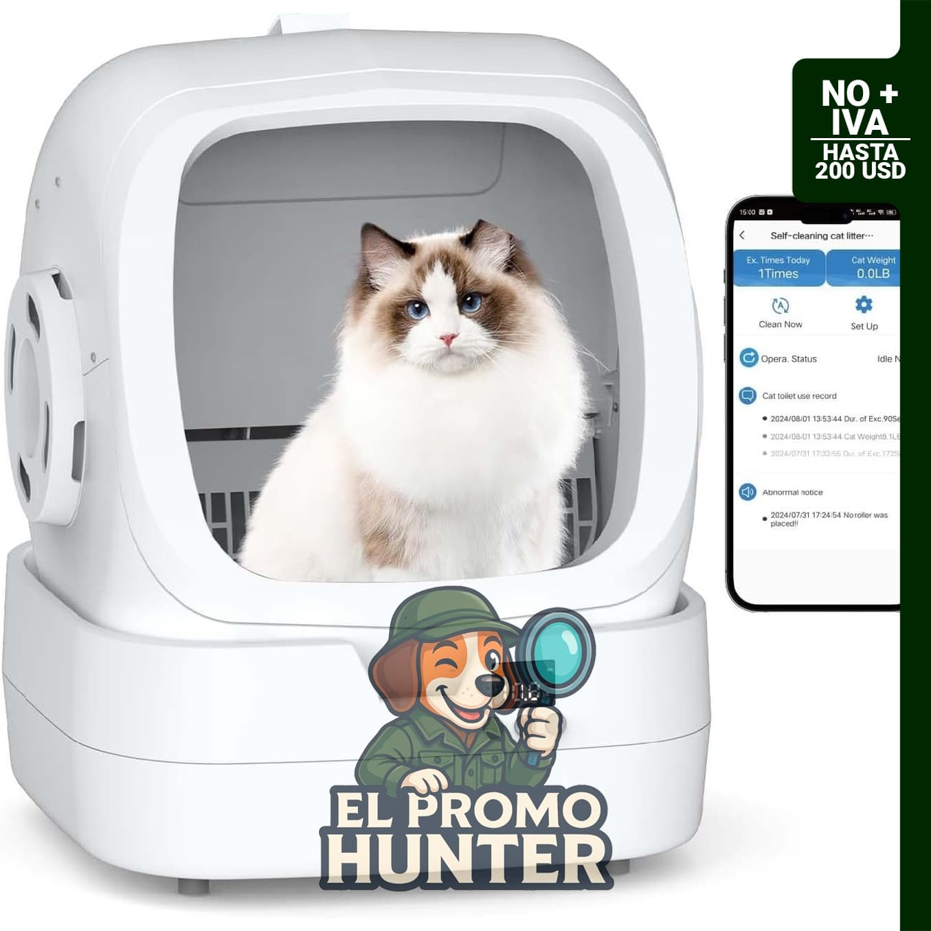 Arenero automático para gatos con limpieza automática, control por APP y monitoreo de peso.