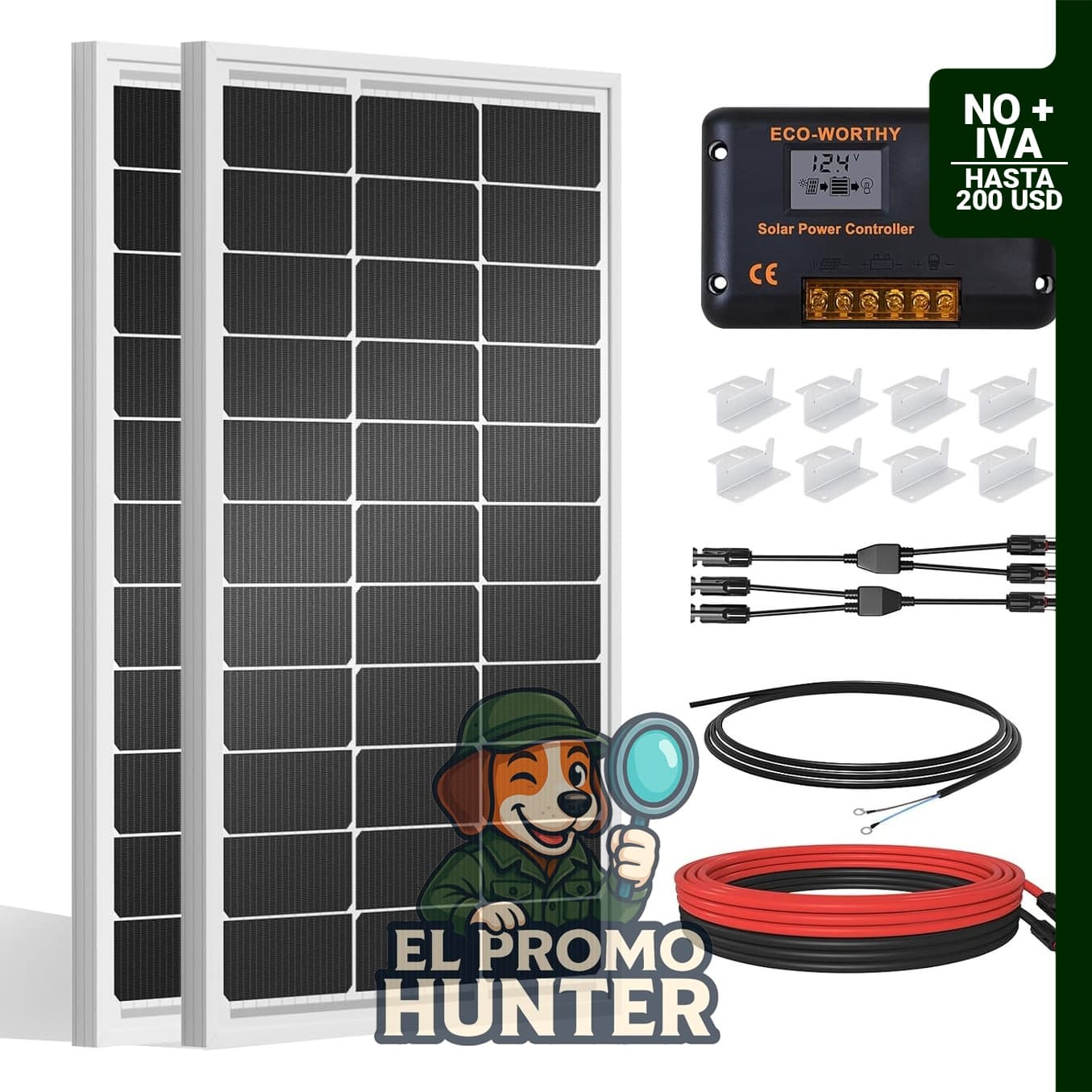 Kit de panel solar de 200 W, 12 V/24 V con panel monocristalino y controlador de carga PWM de 30 A.