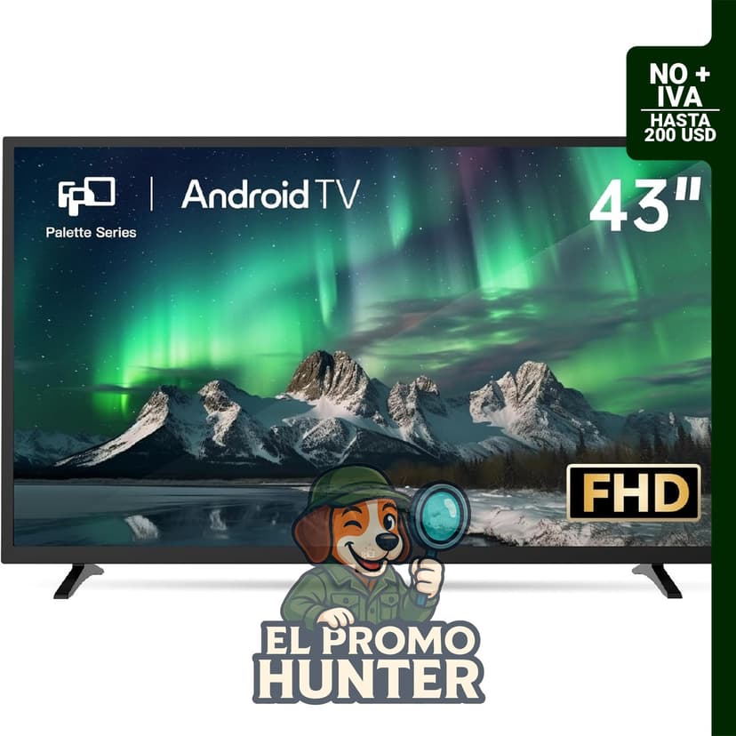 Smart TV FPD de 43" (108 cm) con pantalla plana LED, resolución Full HD 1080p, Android TV y Google Cast integrado.