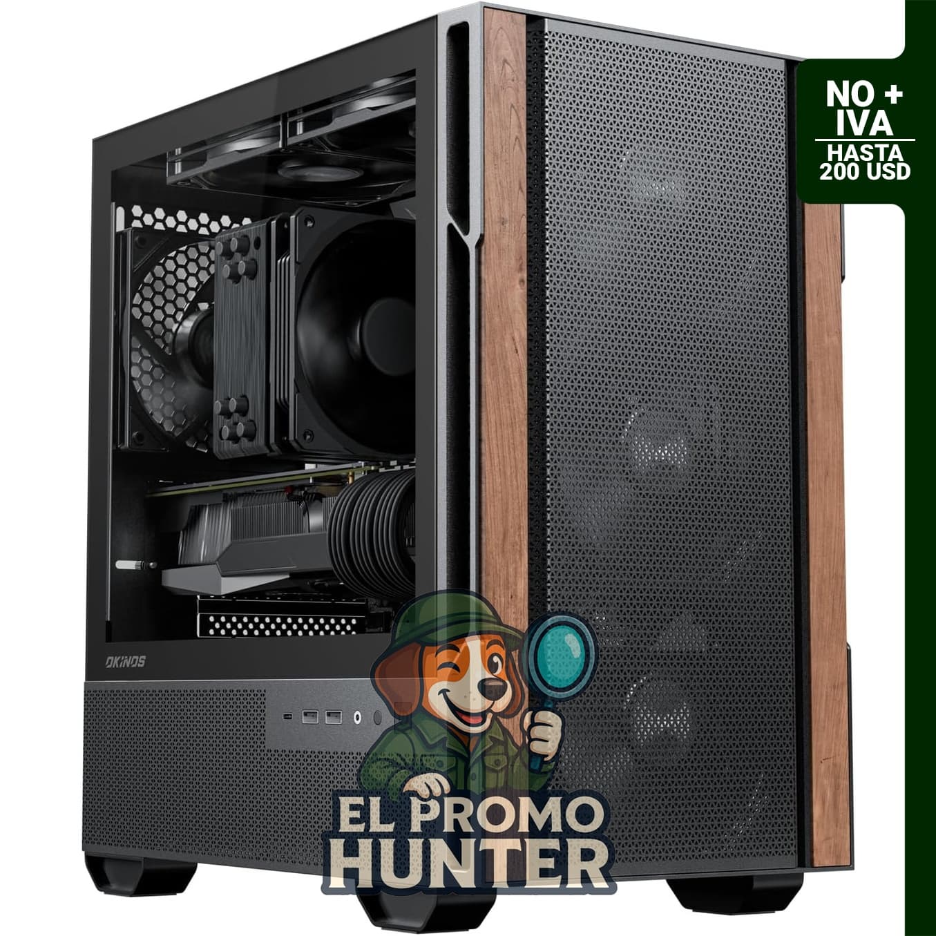 Caja Micro ATX de madera de nogal genuina para PC, incluye 4 ventiladores de 120 mm preinstalados y panel lateral de vidrio templado.