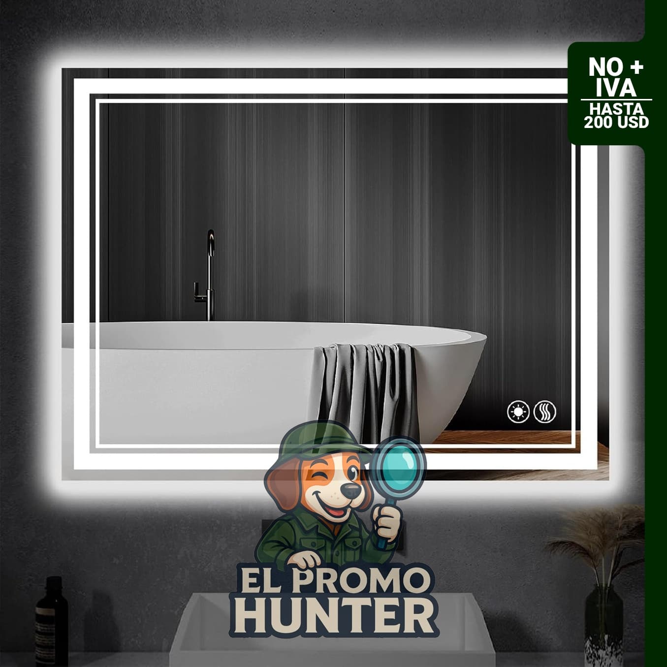 Espejo LED de 24" x 36" (61 x 91 cm) para baño con iluminación frontal y trasera, antivaho y regulable.