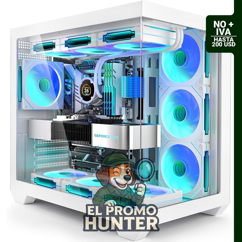 Carcasa de PC ATX blanca con 7 ventiladores ARGB PWM preinstalados y vidrio templado dual.