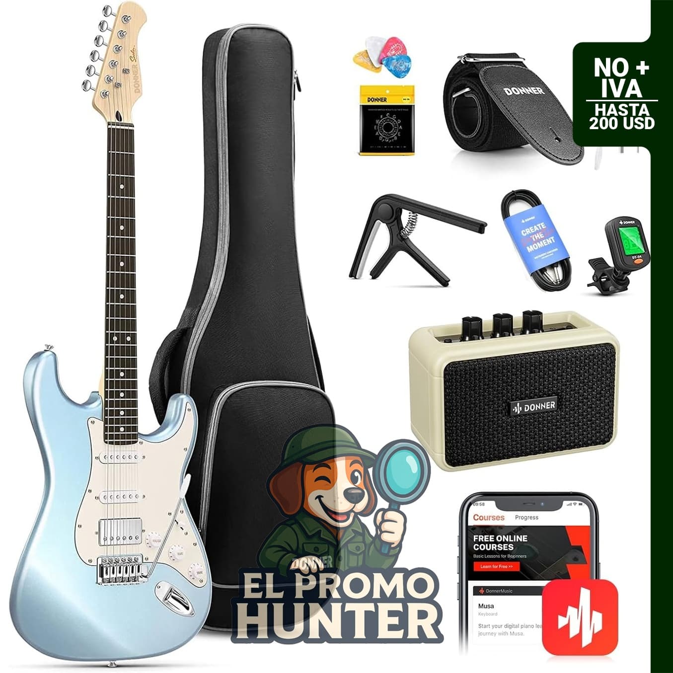 Guitarra eléctrica Donner DST-152R de 39" (99 cm) con pastilla HSS y amplificador.