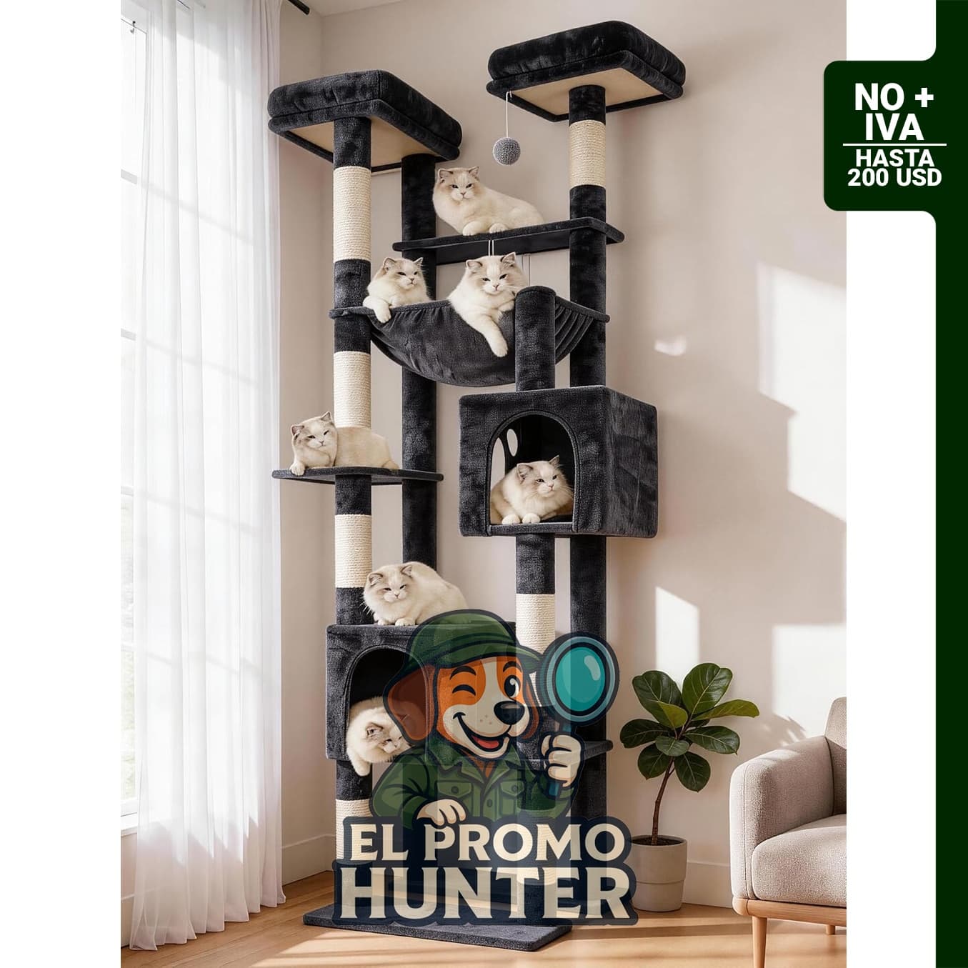 Torre de árbol para gatos de 205 cm con plataformas grandes, condominios y hamaca.