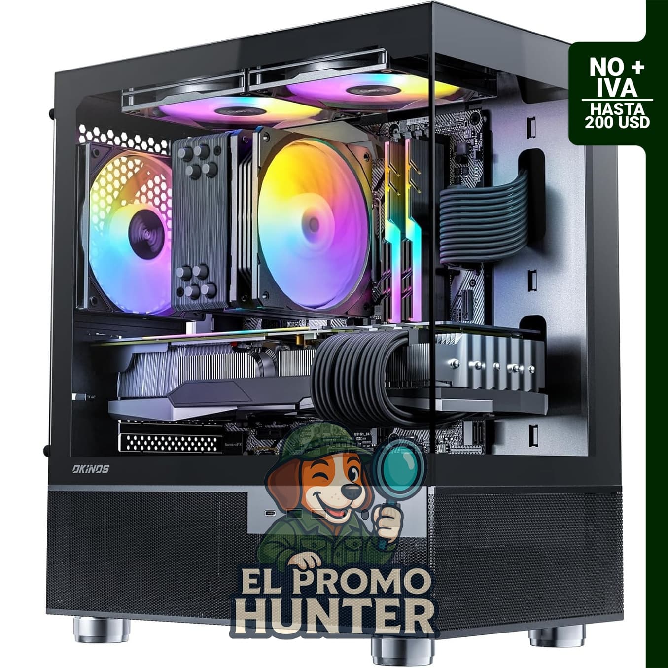 Caja Micro ATX Okinos Aqua 3 con 3 ventiladores ARGB de 120 mm, panel de vidrio templado y puerto tipo C.