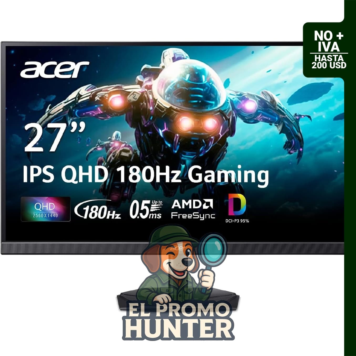 Monitor Acer Nitro de 27" (68.58 cm) QHD 2560 x 1440, con tecnología IPS, actualización de hasta 180 Hz y tiempo de respuesta de 0.5 ms.