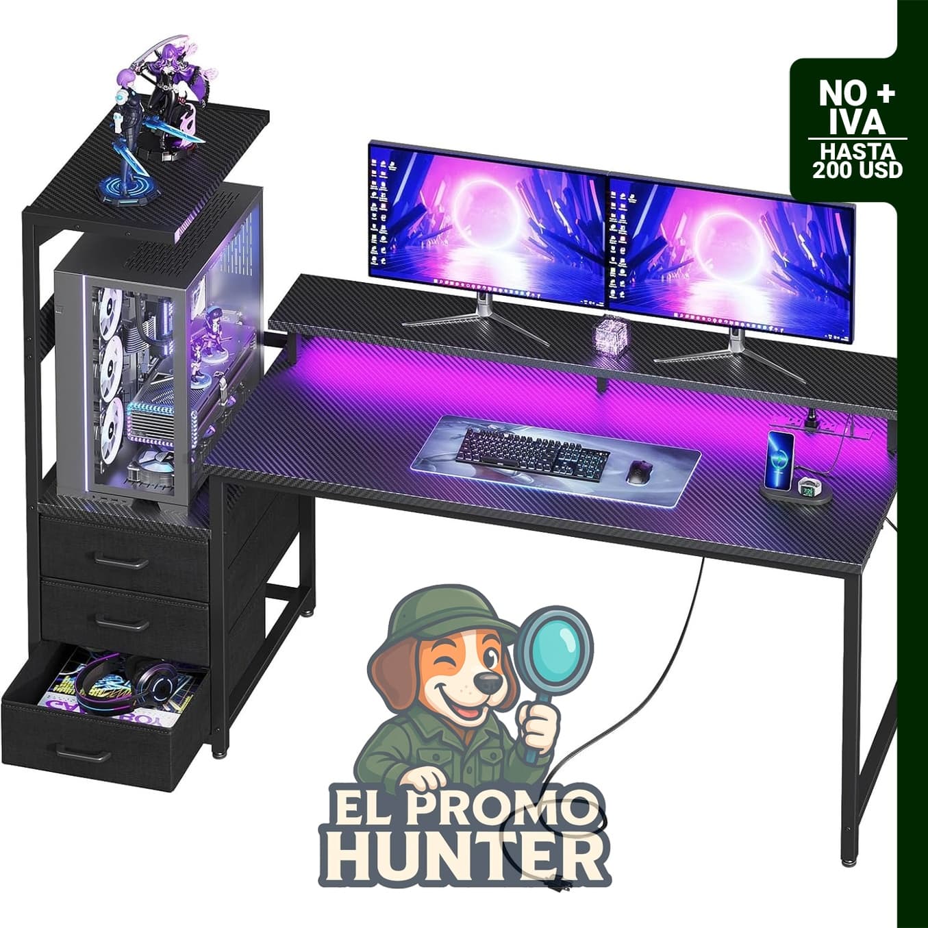 Escritorio para juegos de 59" (150 cm) con puertos USB y luz LED, reversible, incluye estantes y soporte para monitor.