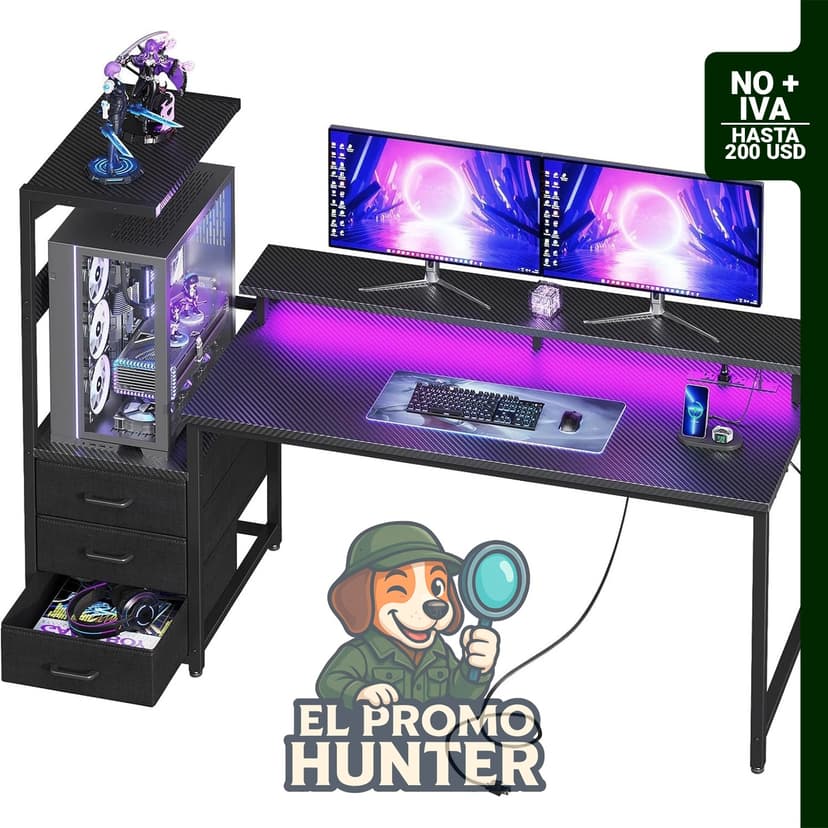 Escritorio para juegos de 59" (150 cm) con puertos USB y luz LED, reversible, incluye estantes y soporte para monitor.