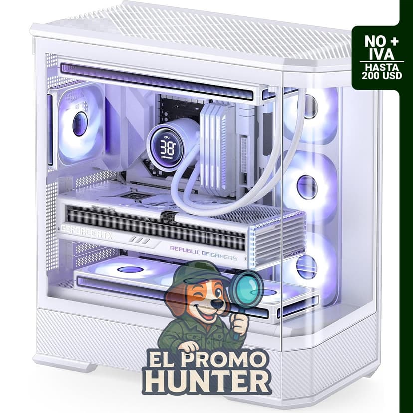 Carcasa JONSBO D400 para PC de media torre ATX blanca, con diseño de vidrio curvado y biselado.