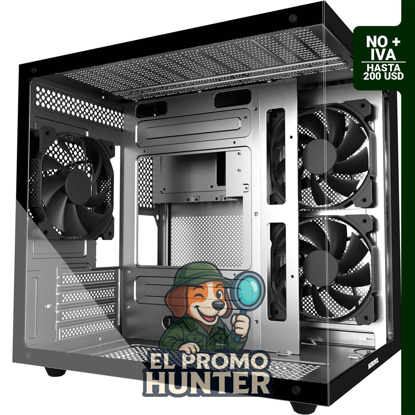 Caja de PC MOROVOL MATX con panel de vidrio templado panorámico de 270°, 3 ventiladores preinstalados, USB 3.0.