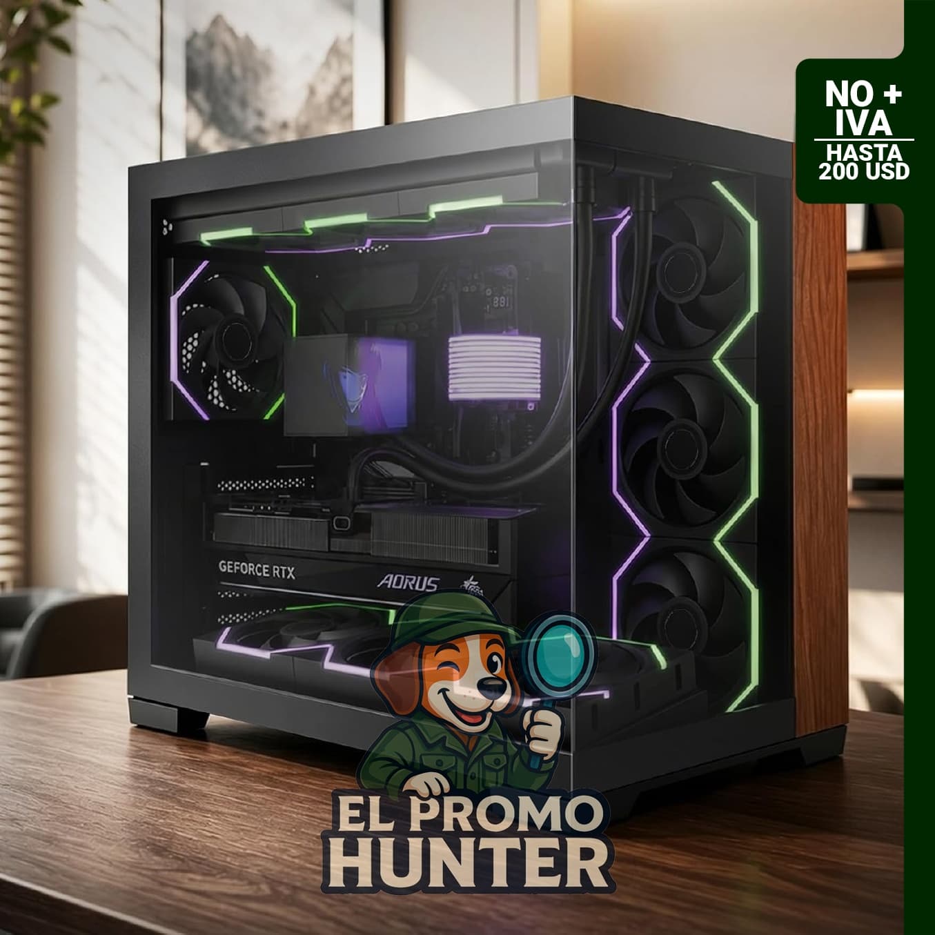 Caja ATX Scutum Ultra con 6 ventiladores ARGB preinstalados y hub Umbra, diseño de madera clara.