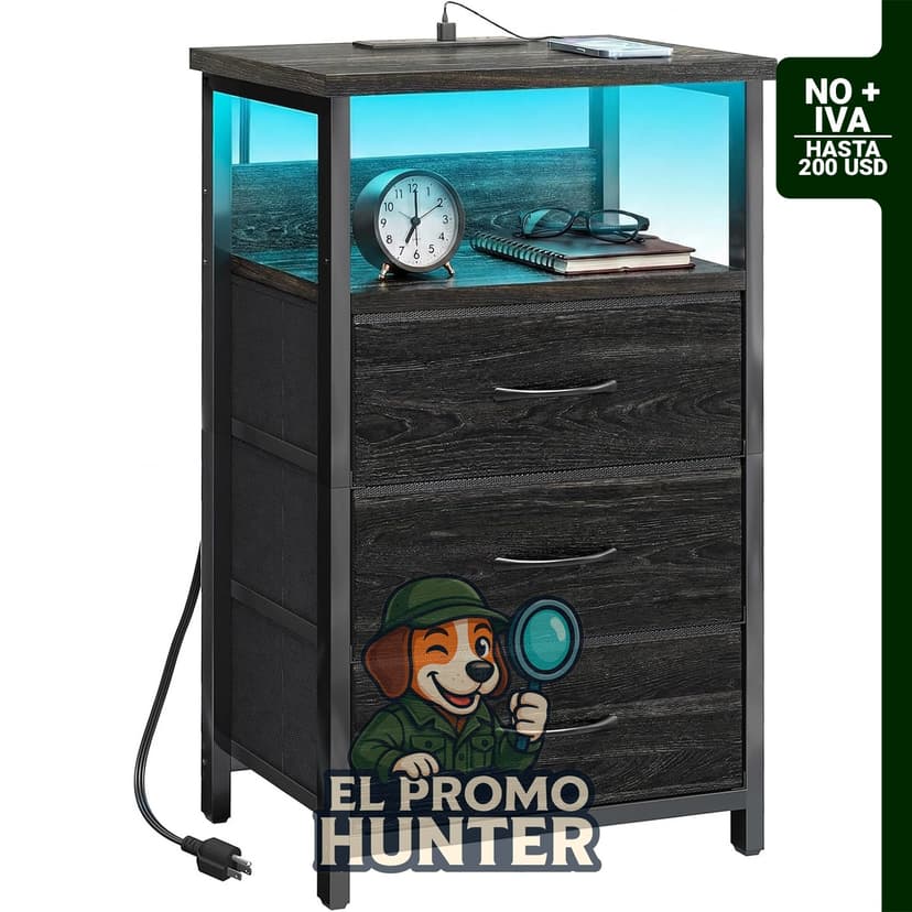 Mesita de noche con estación de carga, luz LED, cajones de tela, acabado de poliuretano, color roble negro.