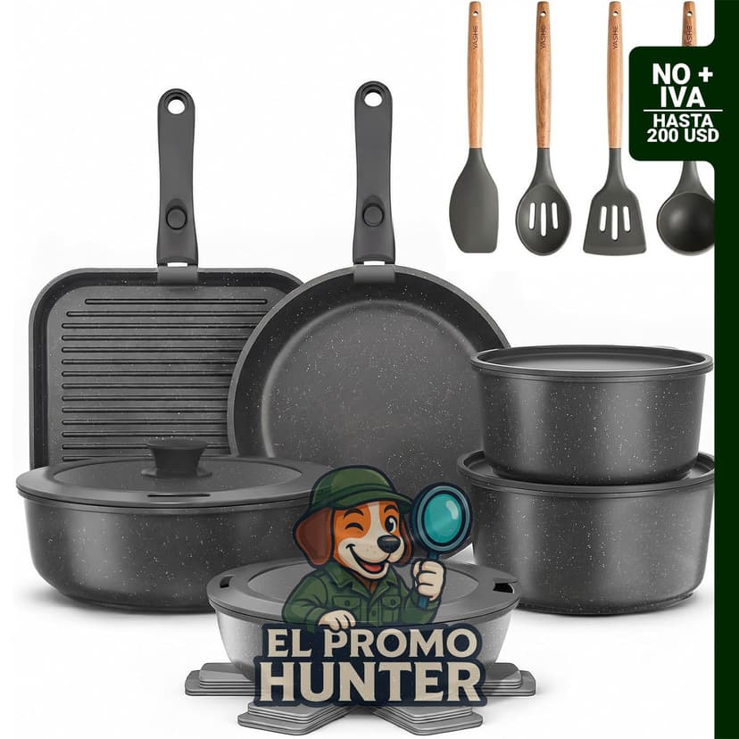 Set de batería de cocina de 21 piezas con sartenes y ollas antiadherentes, apto para horno y compatible con inducción.