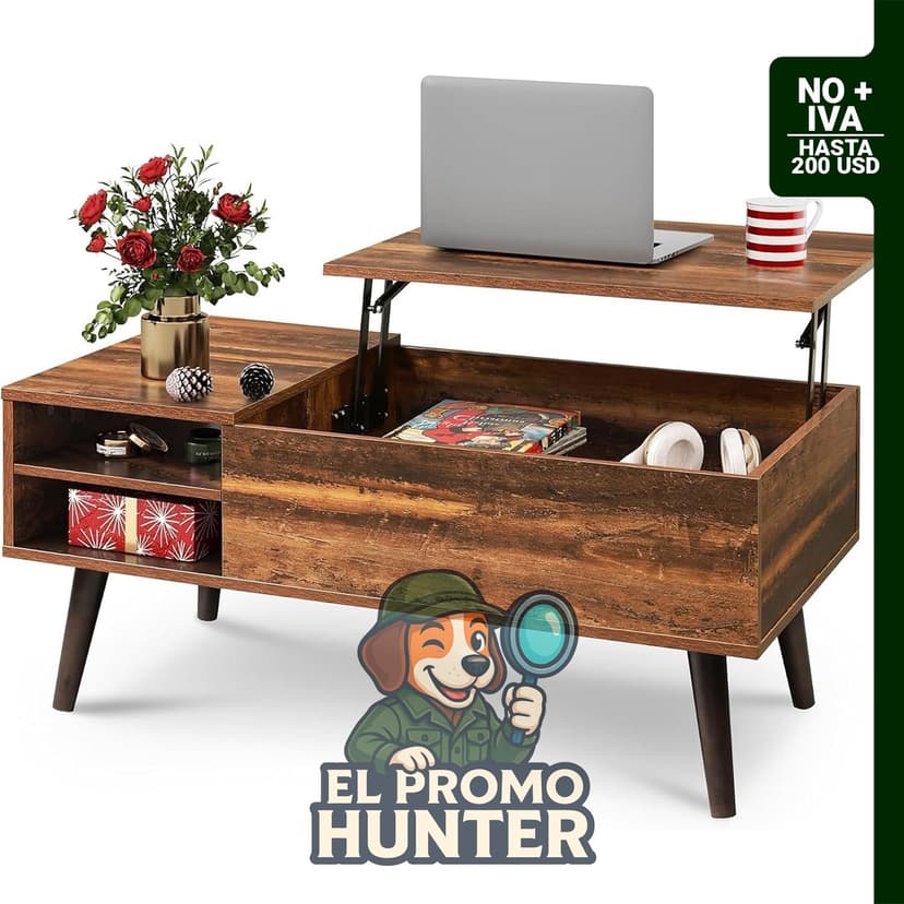 Mesa de centro con tapa elevable, almacenamiento y estante ajustable, 100 x 50 x 43 cm.