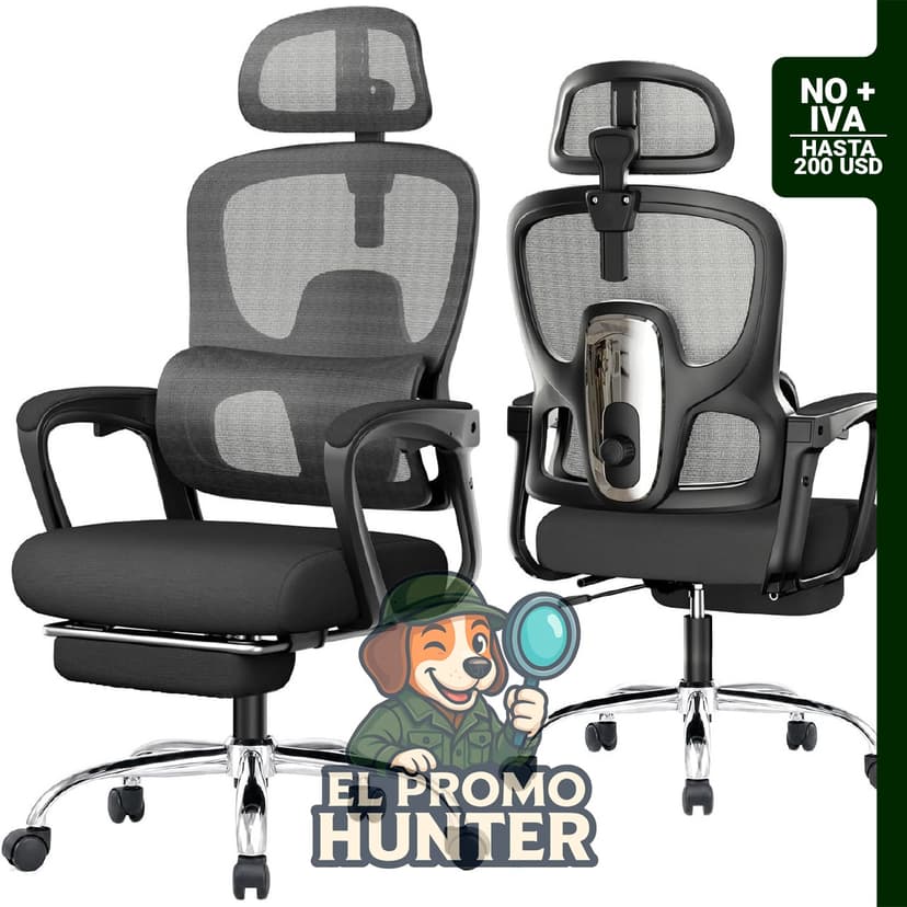 Silla de oficina ergonómica con respaldo alto, reposapiés y soporte lumbar ajustable.