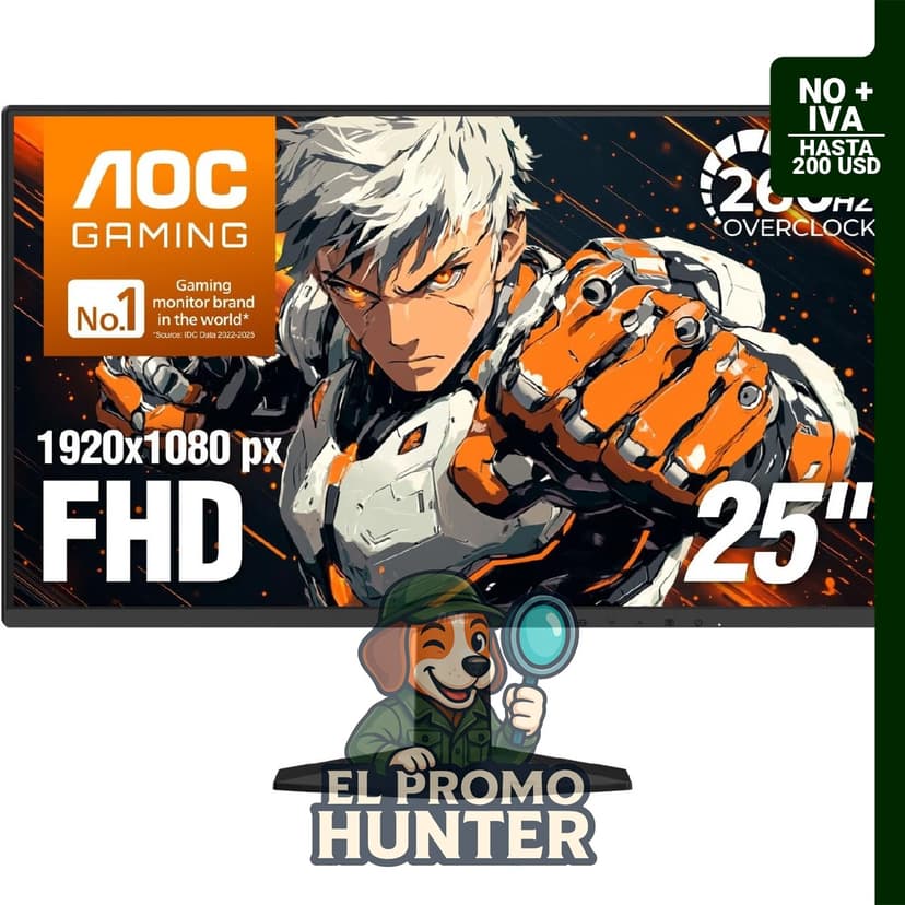 Monitor AOC de 25" (63.5 cm) FHD 1920x1080, 260Hz, 0.5ms, IPS, G-SYNC compatible, con salida de audio y montaje VESA.