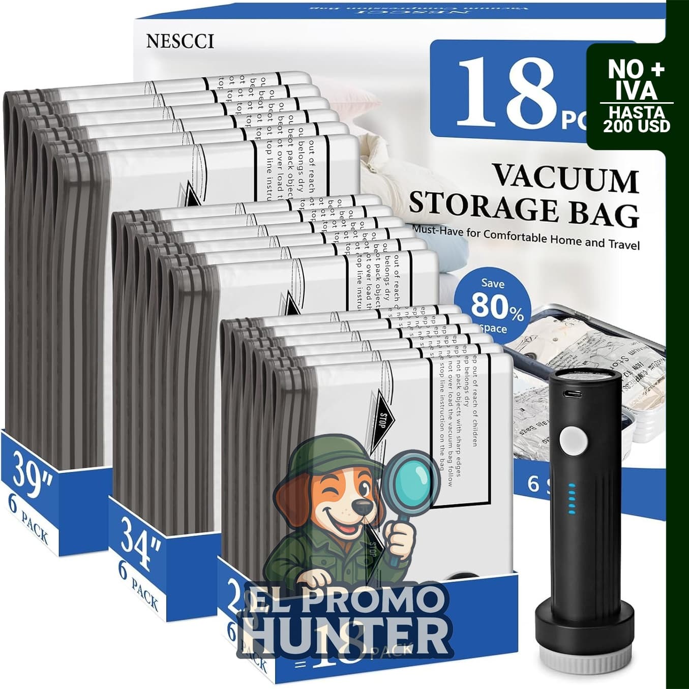 Paquete de 18 bolsas de vacío para ropa con bomba de aire inalámbrica recargable, ideal para almacenamiento y compresión.