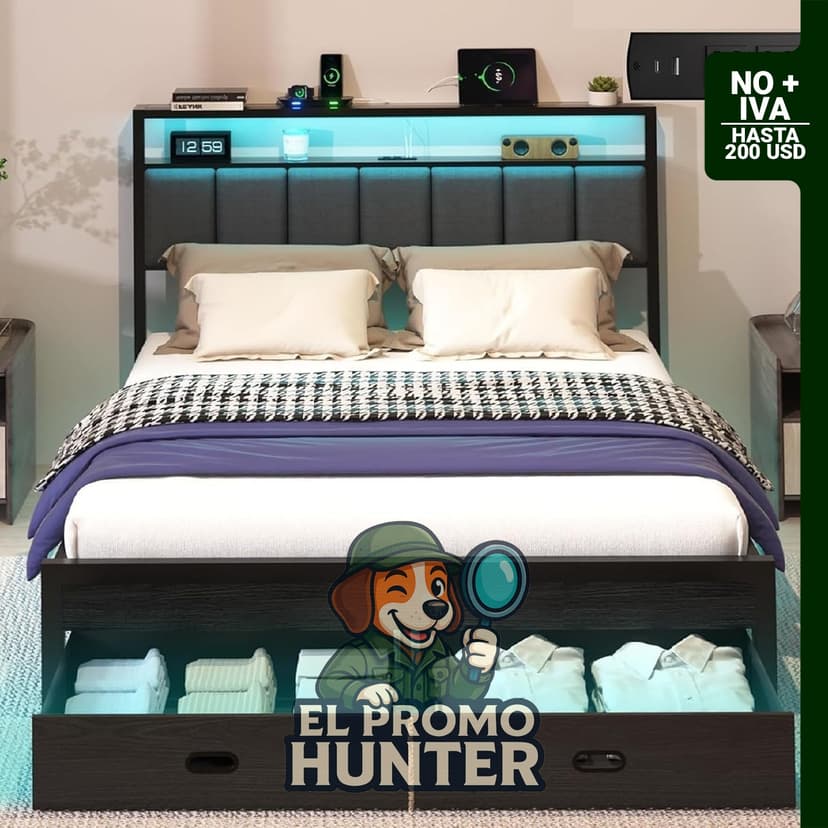 Base de cama Queen con cajón de almacenamiento, estación de carga y luces LED, cabecera tapizada con estantes.