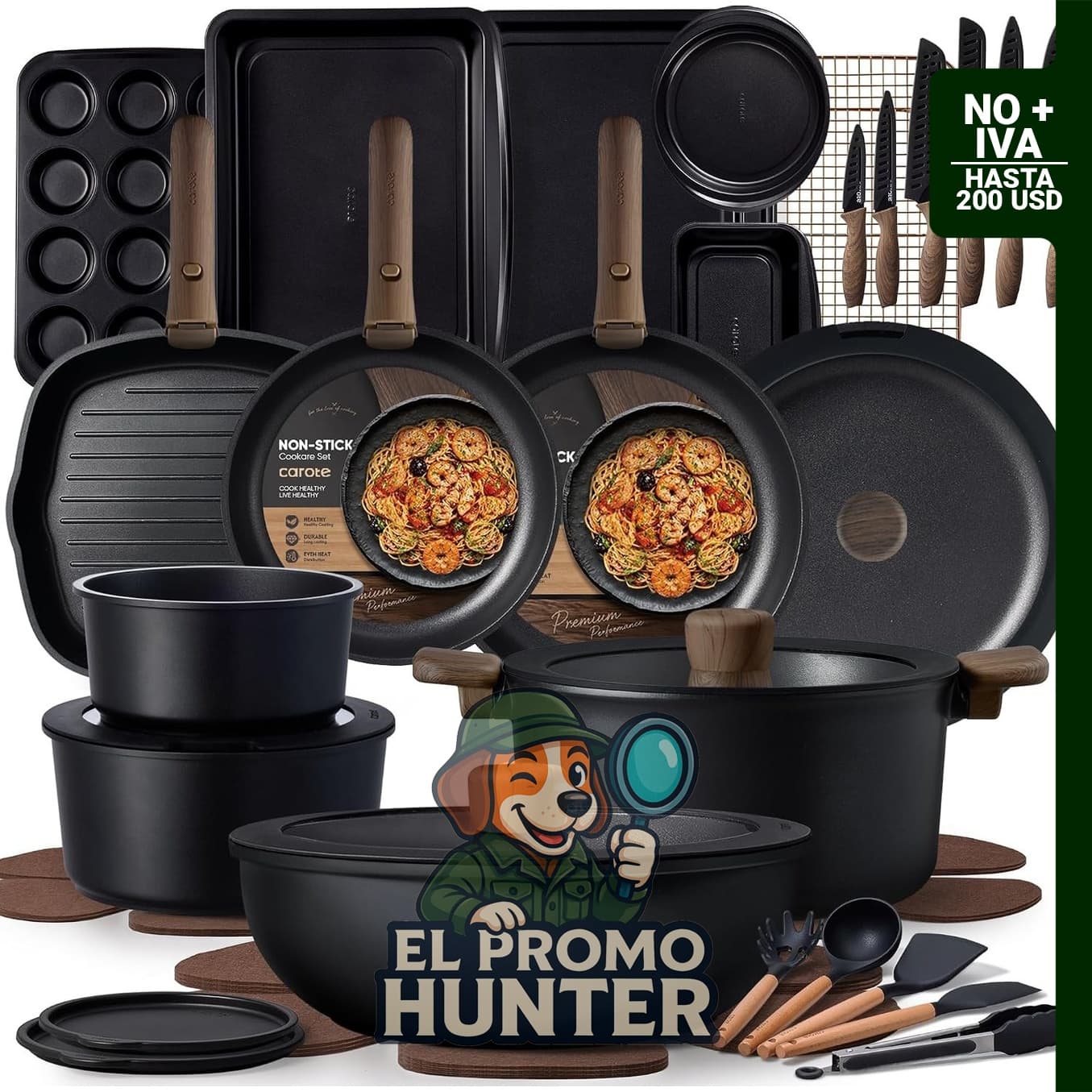 Set de utensilios de cocina CAROTE de 47 piezas, incluye sartenes, ollas, bandejas para hornear y cuchillos. Compatible con inducción, apto para lavavajillas y horno.