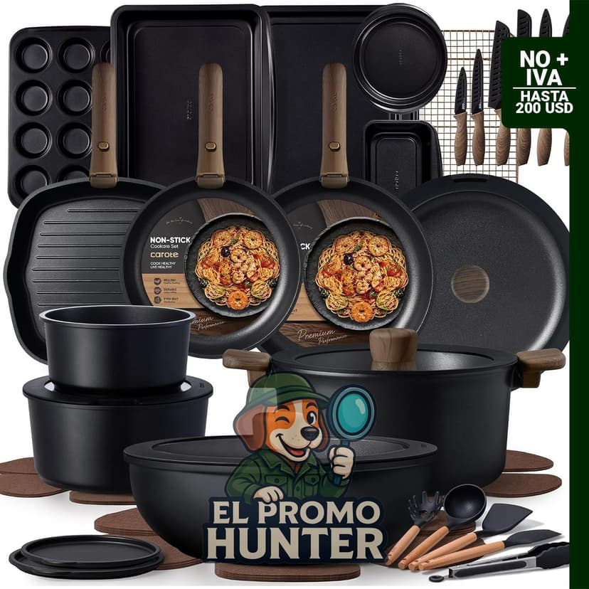 Set de utensilios de cocina CAROTE de 47 piezas, incluye sartenes, ollas, bandejas para hornear y cuchillos. Compatible con inducción, apto para lavavajillas y horno.