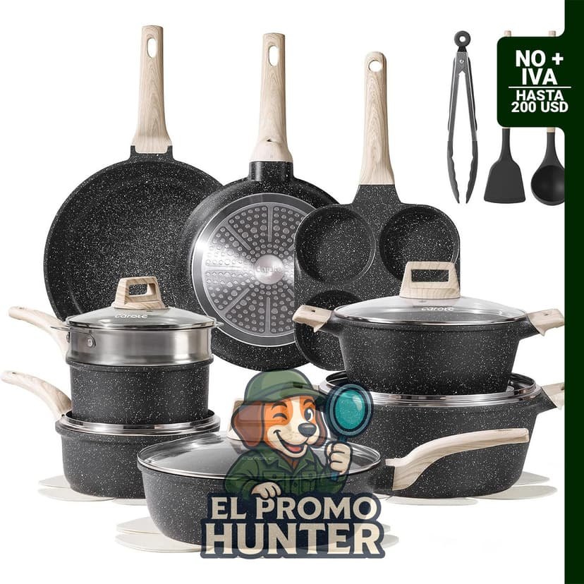 Juego de 21 piezas de ollas y sartenes antiadherentes de granito negro, compatible con inducción.