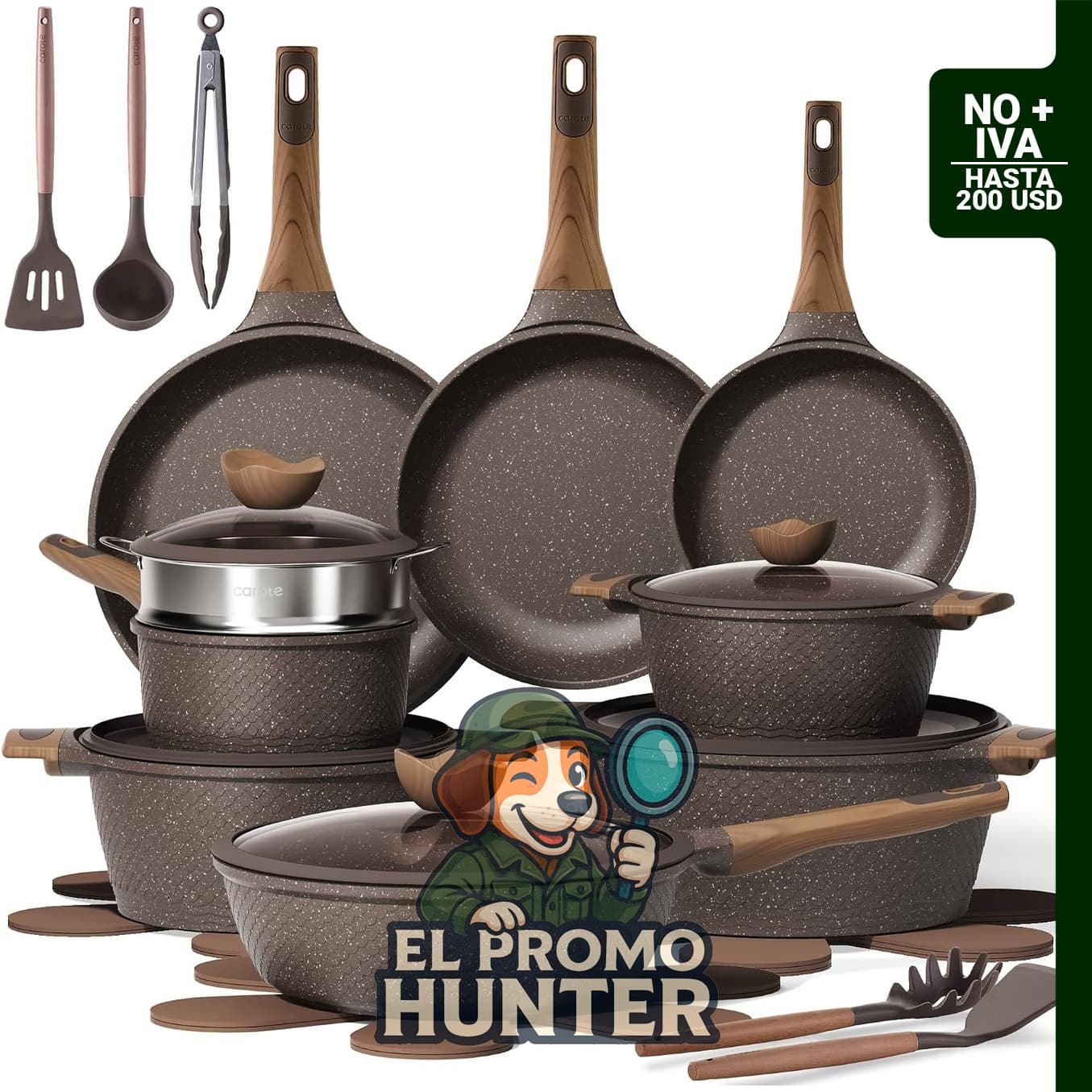 Juego de 26 ollas y sartenes antiadherentes para cocina, incluye utensilios y es compatible con inducción.