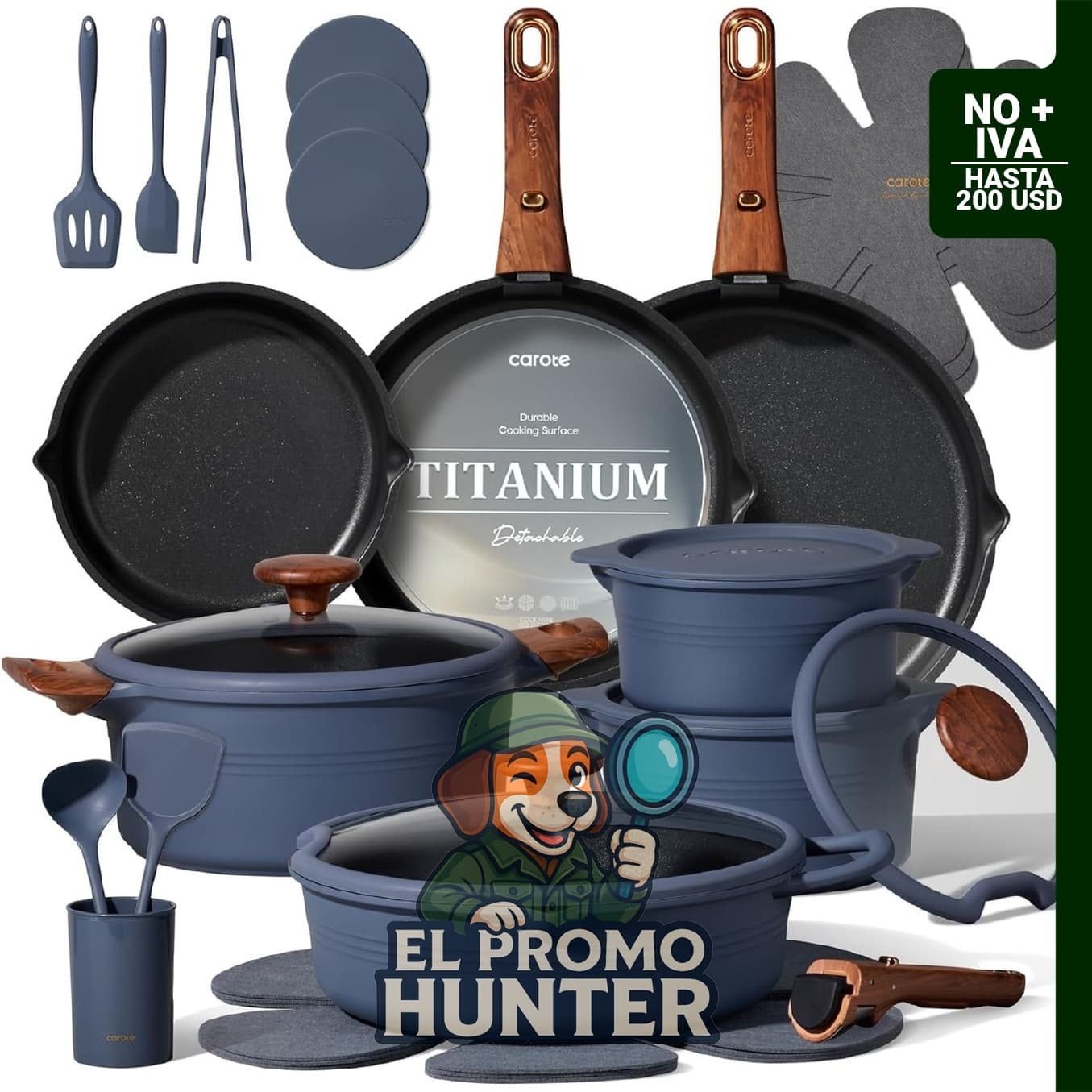 Juego de utensilios de cocina de titanio de 30 piezas, ollas y sartenes con mango desmontable, compatible con inducción.
