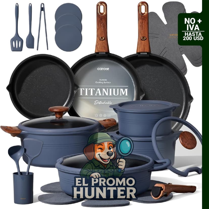 Juego de utensilios de cocina de titanio de 30 piezas, ollas y sartenes con mango desmontable, compatible con inducción.