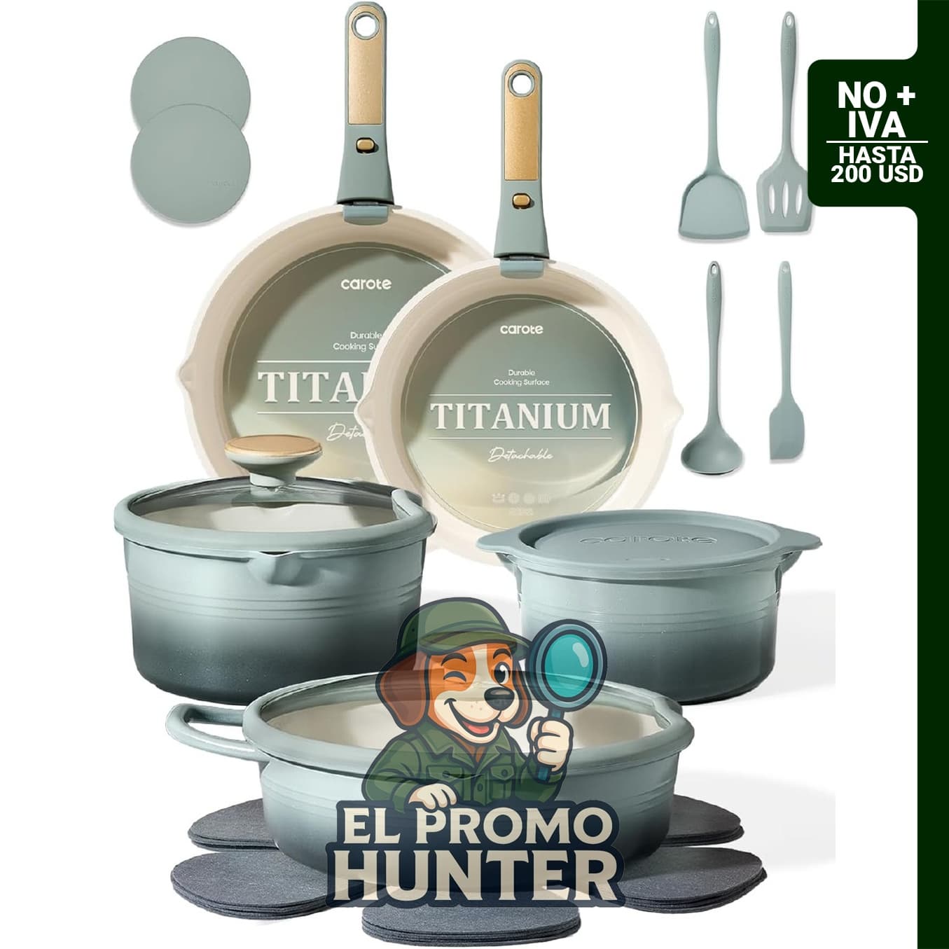 Juego de utensilios de cocina de titanio de 20 piezas, incluye ollas y sartenes con mango desmontable, antiadherente y compatible con inducción.