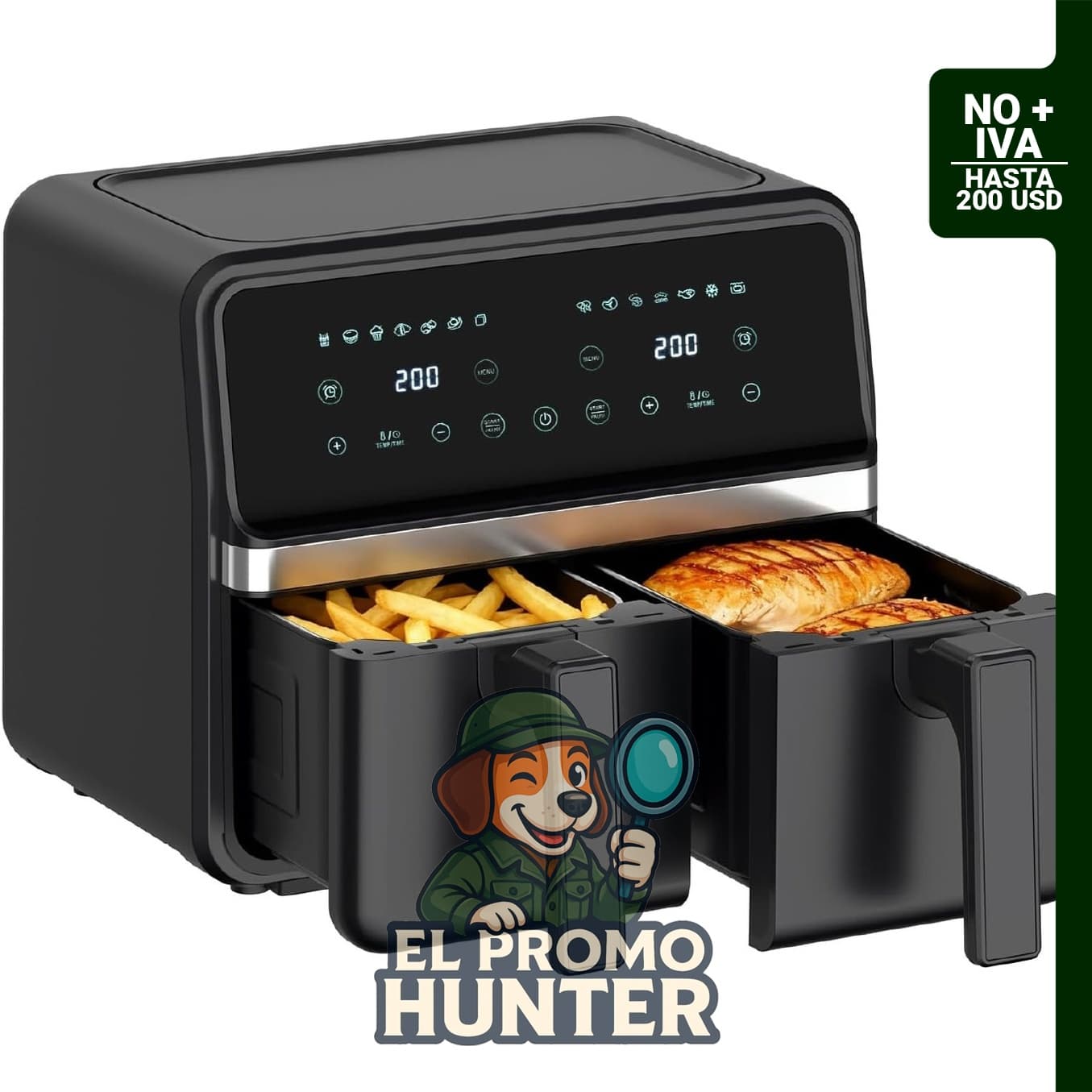 Freidora de aire de doble cesta de 8 cuartos (2 x 4 QT), pantalla táctil digital, apagado automático, cestas antiadherentes.