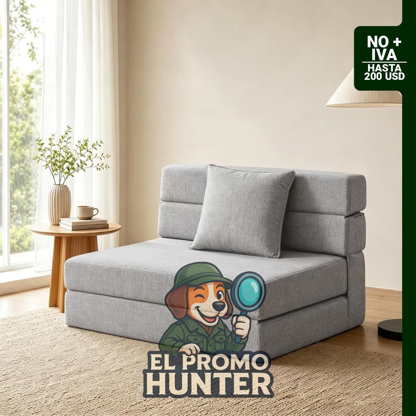 Silla reclinable plegable que se convierte en sofá cama, tamaño individual, color gris claro.